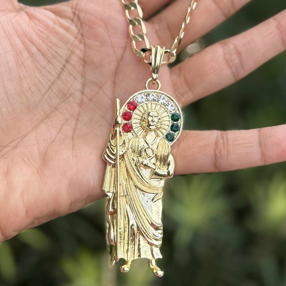 San Judas Tadeo Pendant Religious Necklace 14K GP Miami Cuban Chain 20x4mm